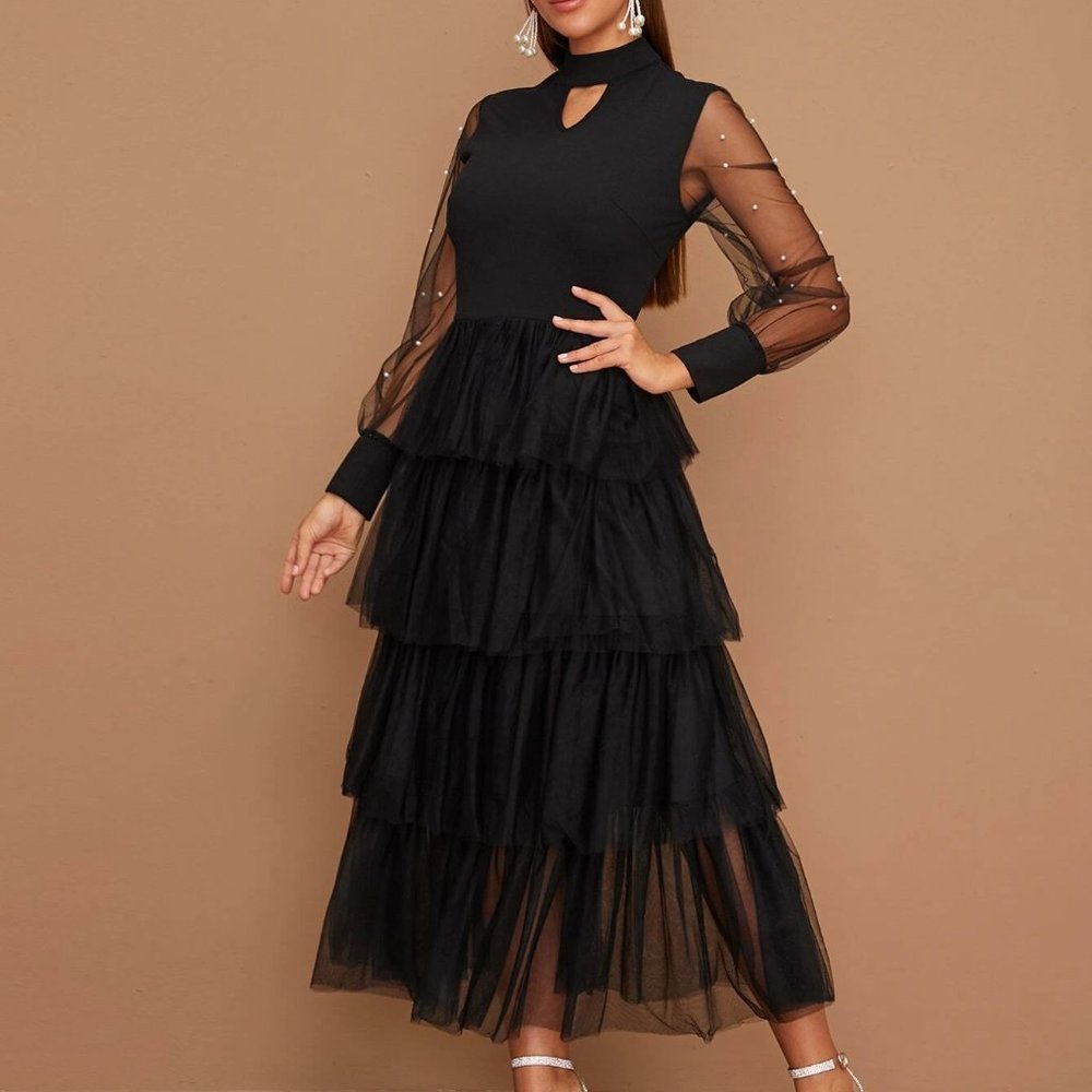 Chic Beaded Sheer Sleeve Layered Mesh Hem Peekaboo Dress black - Picture 4 of 5